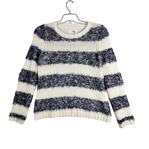 Tabitha Sweater Ivory Blue‎ Striped Fuzzy Knit Pullover Crew Neck Size Medium